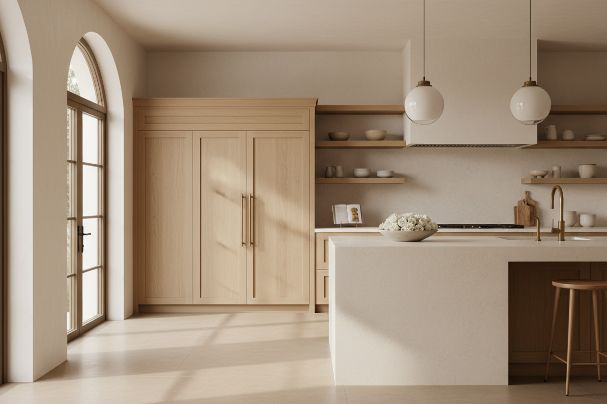 Slow cinematic pan through a modern Mediterranean kitchen in warm natural light. European oak cabinets, creamy limestone island, brass fixtures, artisanal ceramics, soft shadows, dreamy movement, quiet luxury aesthetic, calm and airy atmosphere, editorial style, highly realistic materials, inspired by Studio McGee but more minimal and timeless. Camera moves slowly from left to right, revealing textures and details in a serene, elegant way